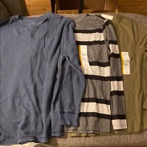 Blue, Striped, and Olive Long Sleeve Shirts